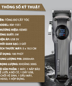 Alternative view of Tông đơ cắt tóc chuyên nghiệp Kemei KM-1551 công suất mạnh 5W màn hình LCD sạc nhanh USB type C tiện lợi - Chính hãng