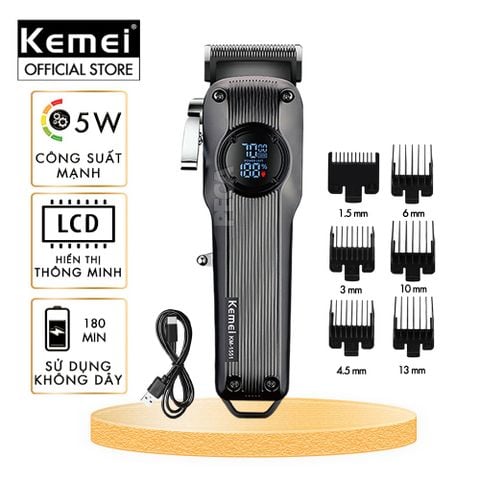 HÌnh ảnh chính của tông đơ cắt tóc Kemei KM-1550 với đầy đủ phụ kiện kèm theo